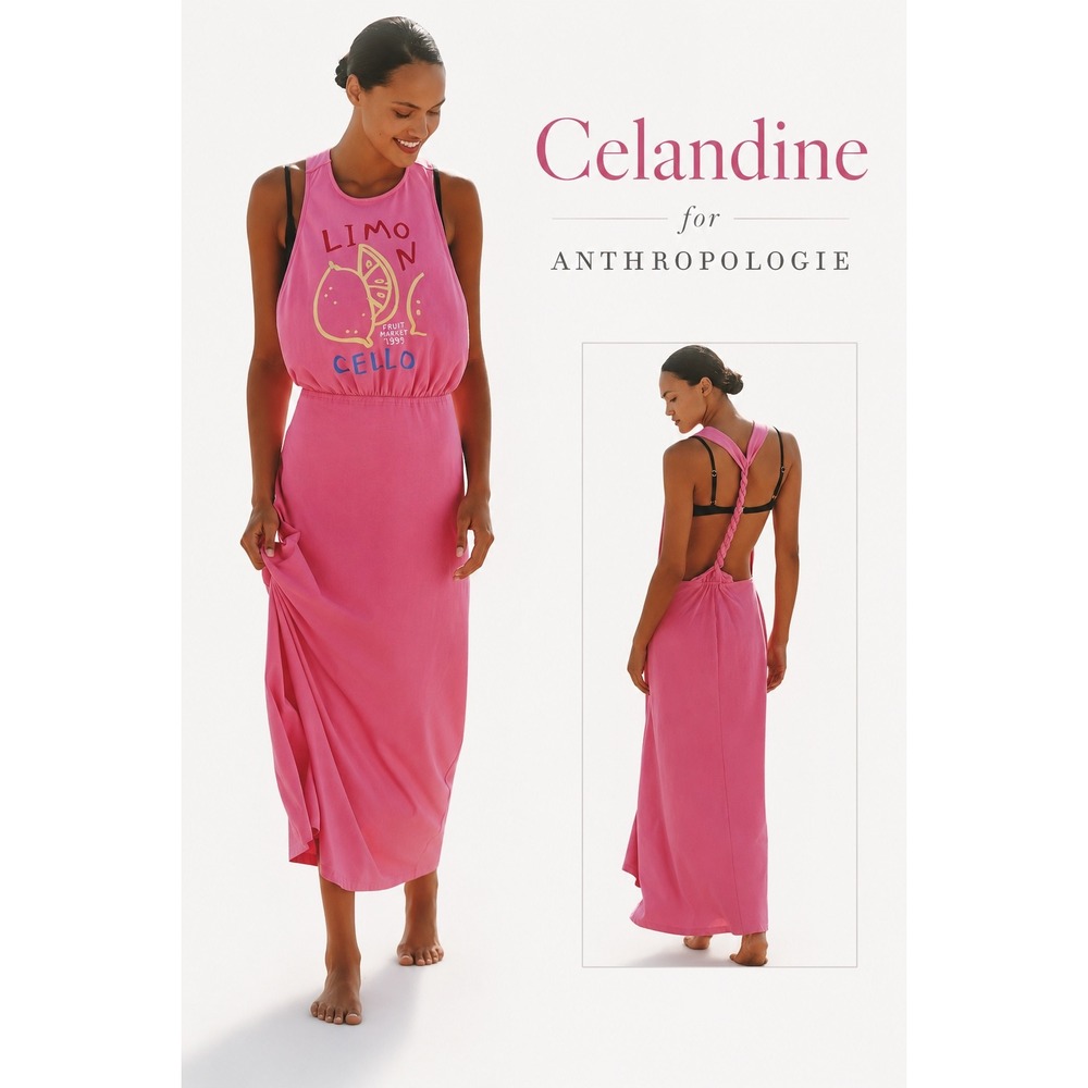 Celandine Anthropologie Pink Limon Cello Graphic Twisted Open Back Maxi Dress L‎